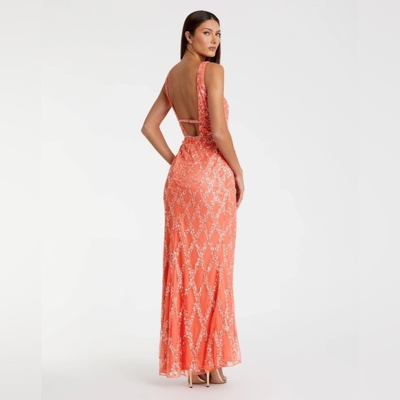 MAC DUGGAL Pink Sequined Plunge Neck Sleeveless Column Gown in Coral 8 - Picture 3 of 12